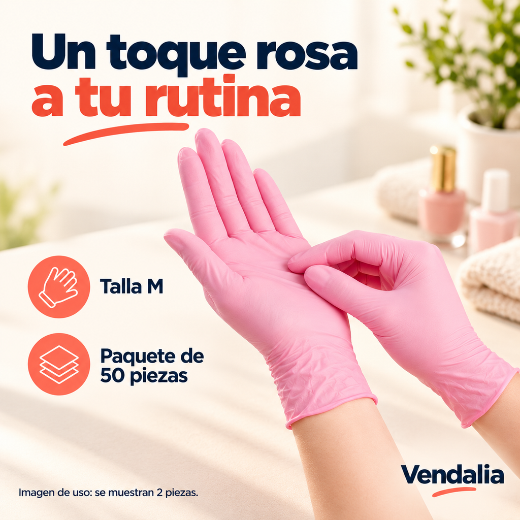 Guantes Desechables Rosas 50 Piezas Talla M — presentación Vendalia