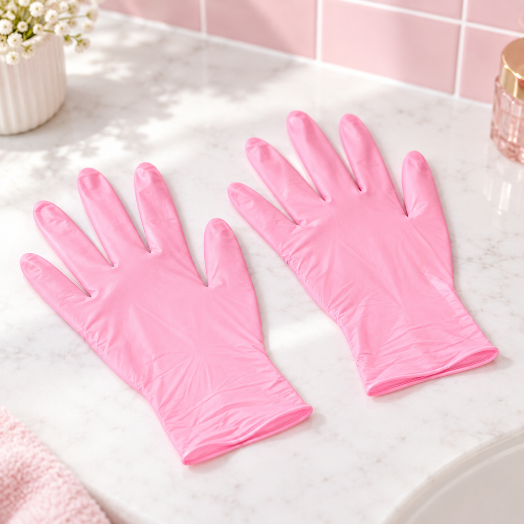 Guantes Desechables Rosas 50 Piezas Talla M en ambiente de hogar — Vendalia. La fotografía muestra dos guantes como ejemplo. La presentación contiene 50 piezas.