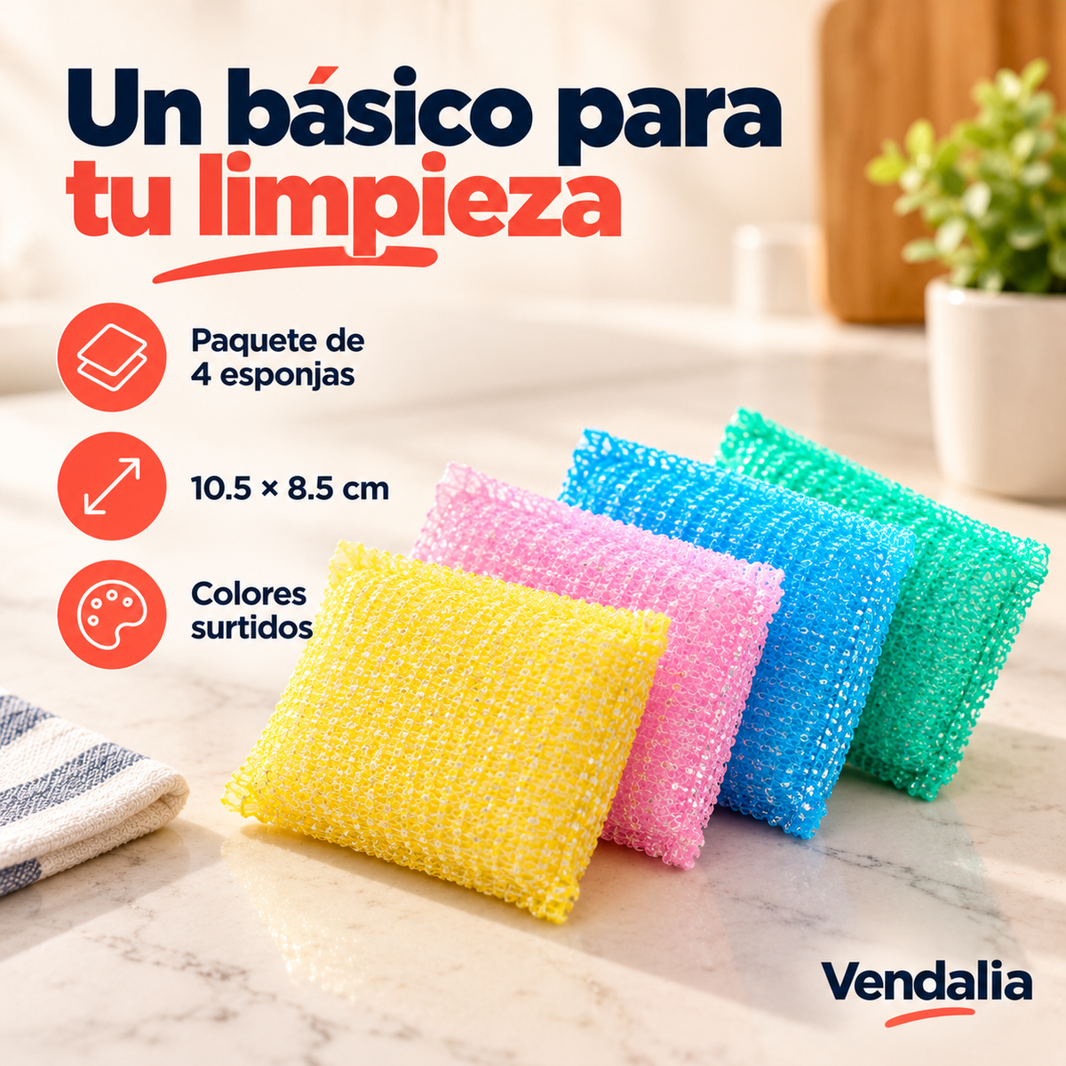 Paquete de cuatro esponjas multiusos; colores surtidos — portada Vendalia