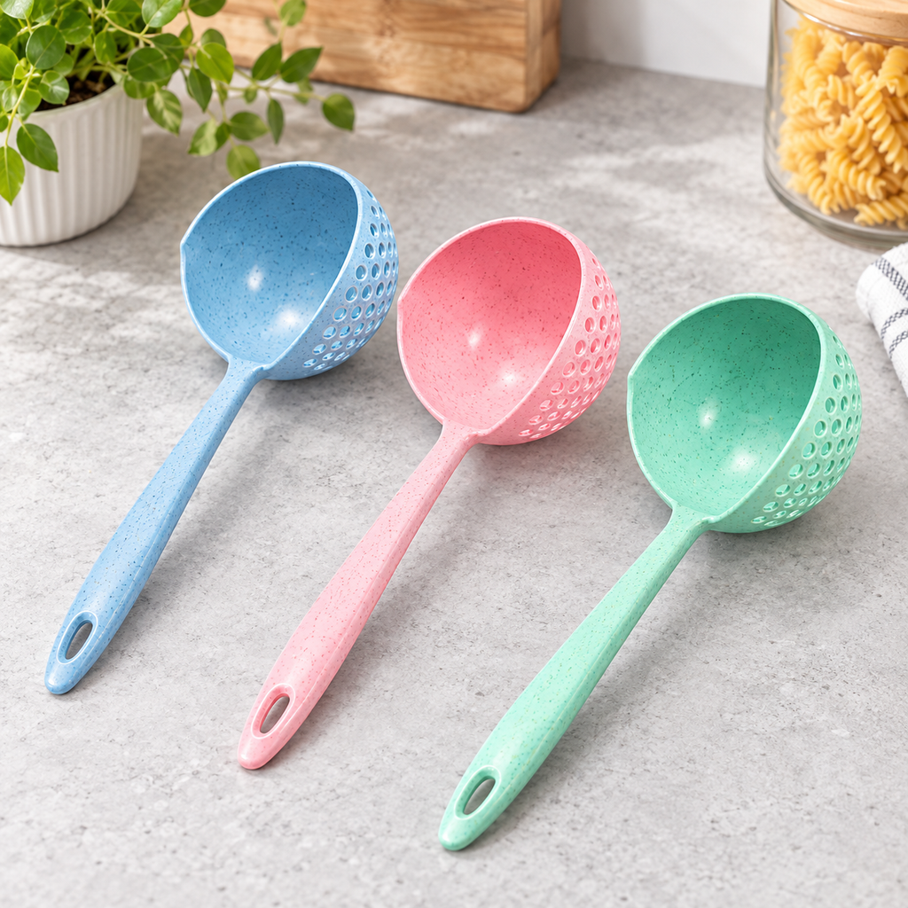 Cucharón Colador Multifuncional · Paquete de 3 piezas — ejemplo de colores surtidos — Vendalia