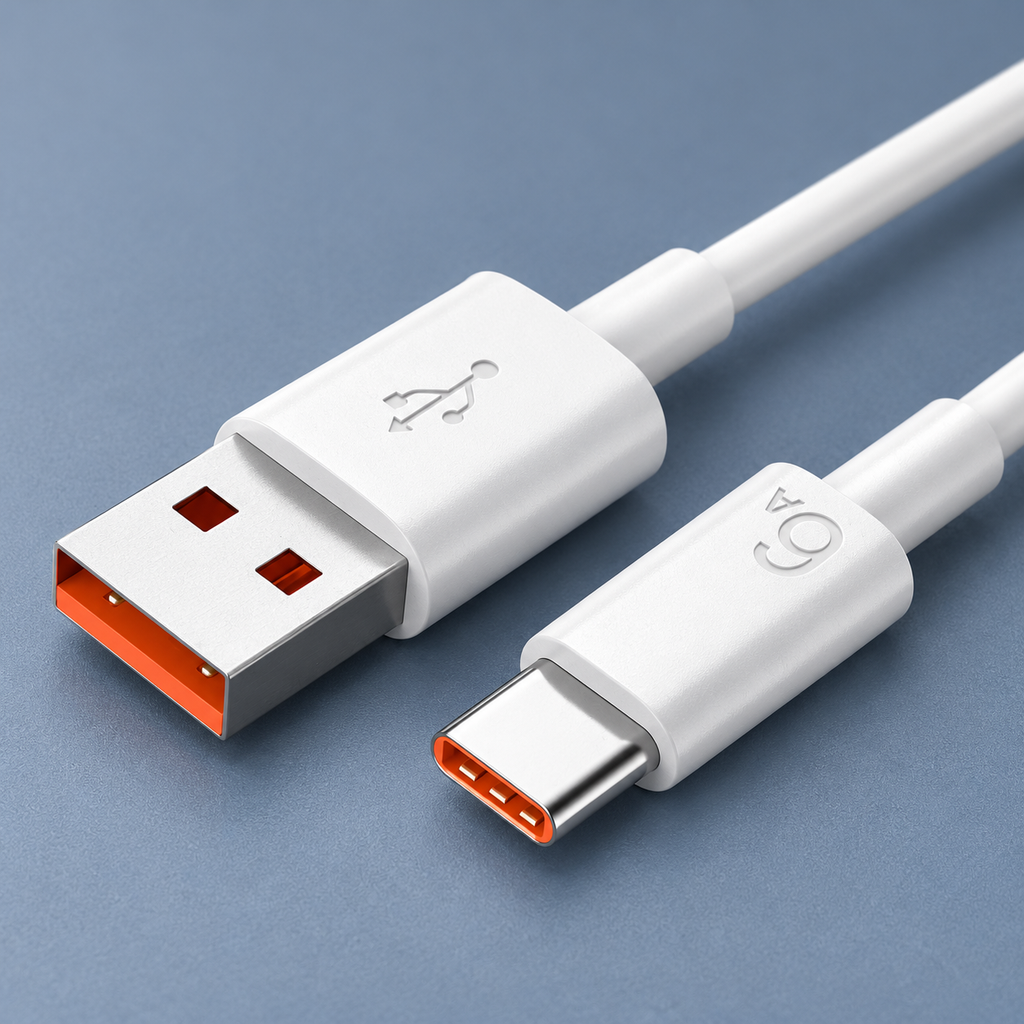 Detalle de los conectores USB-A y USB-C del cable blanco — Vendalia