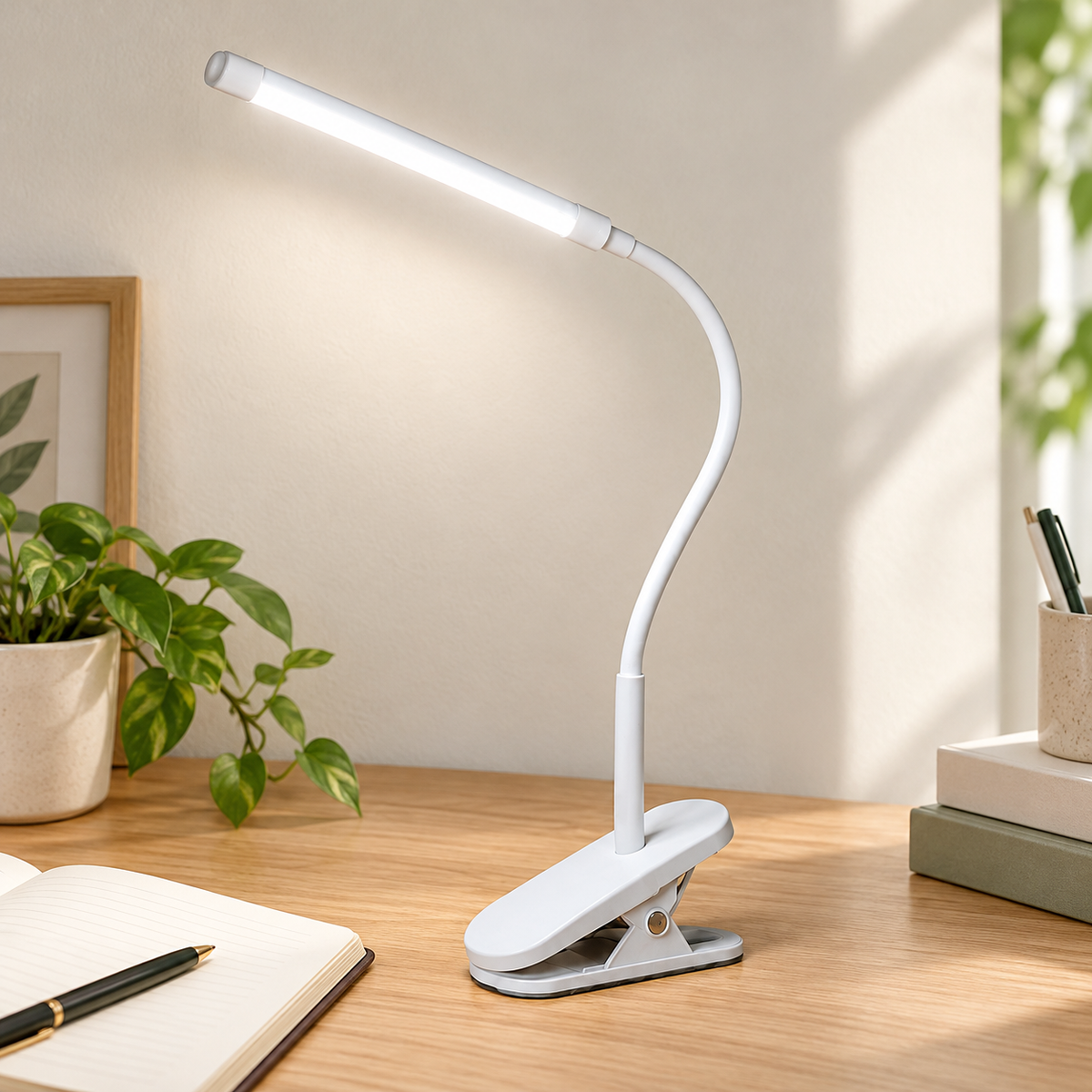 Lámpara LED con Clip y Brazo Flexible en ambiente de hogar — Vendalia