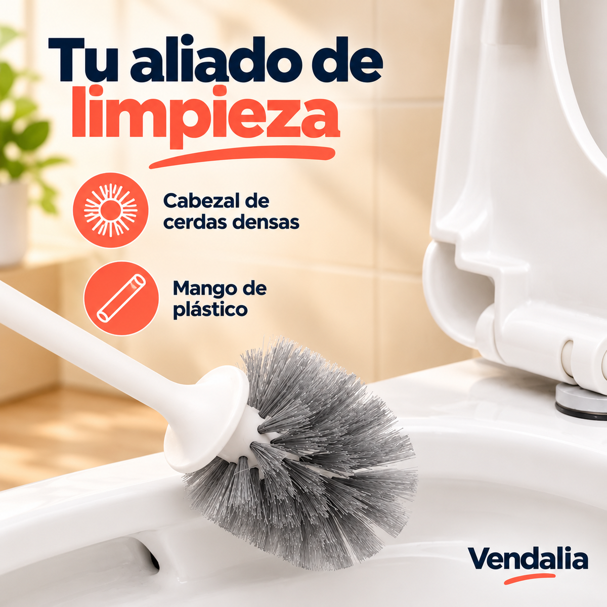 Cepillo para baño con mango blanco y cerdas grises densas · Vendalia