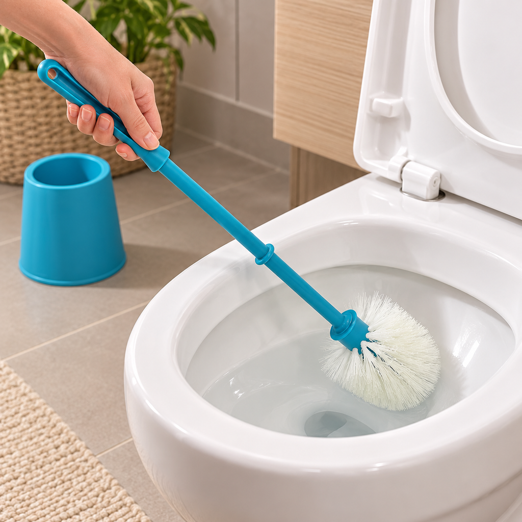 Cepillo azul en uso para limpiar el inodoro · Vendalia