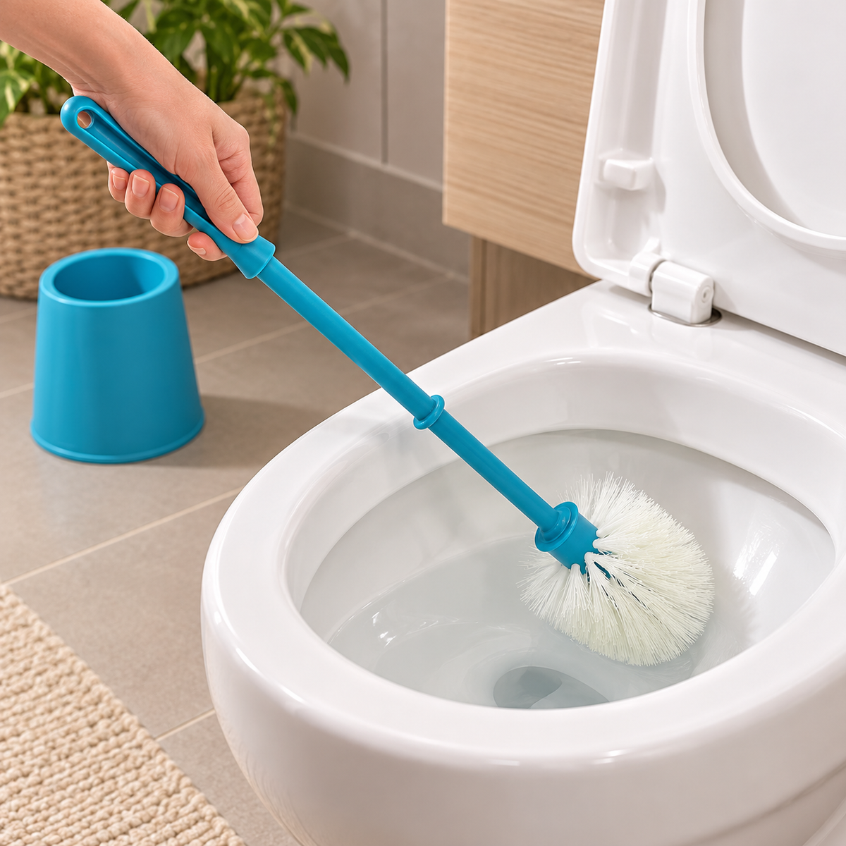 Cepillo azul en uso para limpiar el inodoro · Vendalia