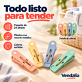 Pinzas de plástico en colores surtidos; presentación de 24 piezas — portada Vendalia