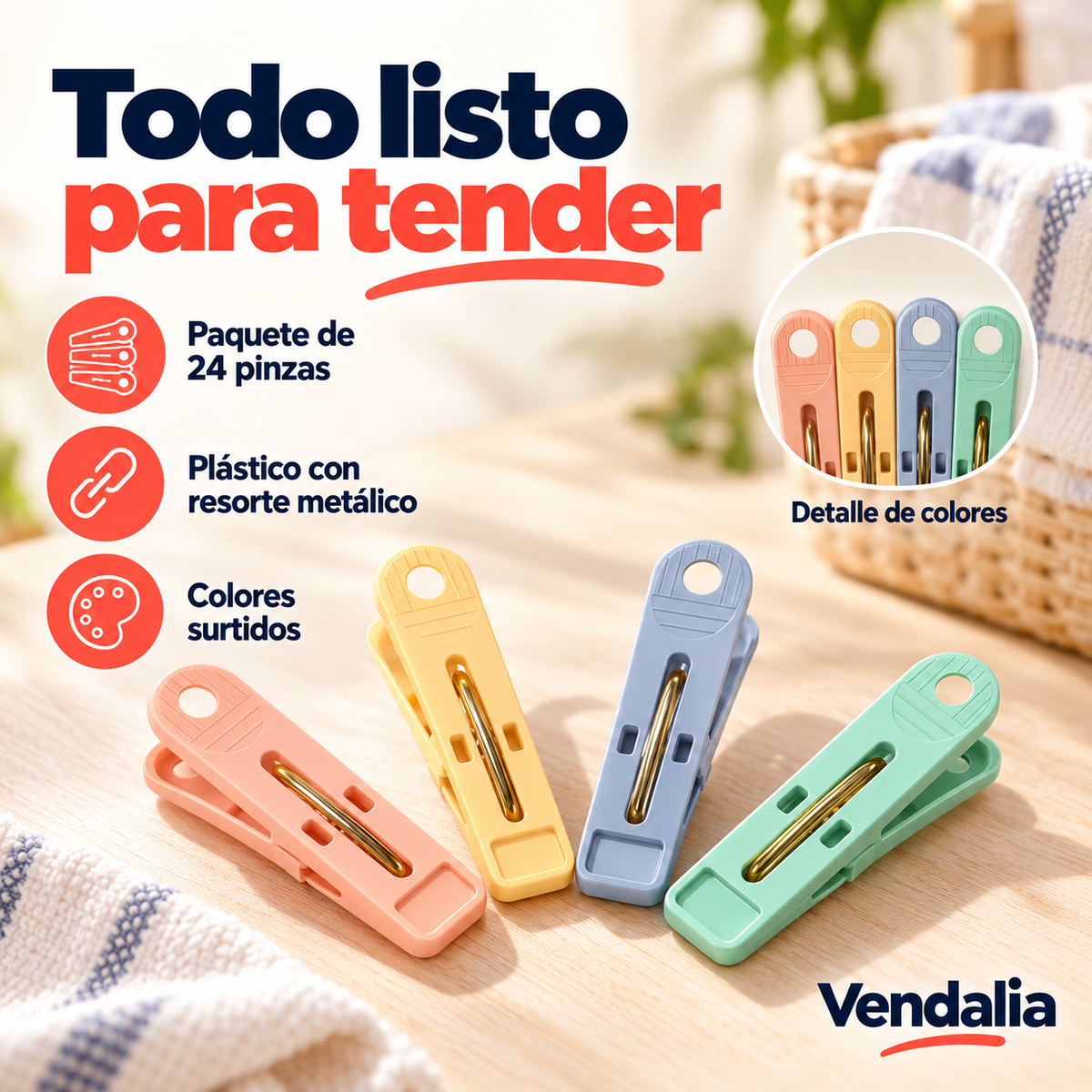 Pinzas de plástico en colores surtidos; presentación de 24 piezas — portada Vendalia