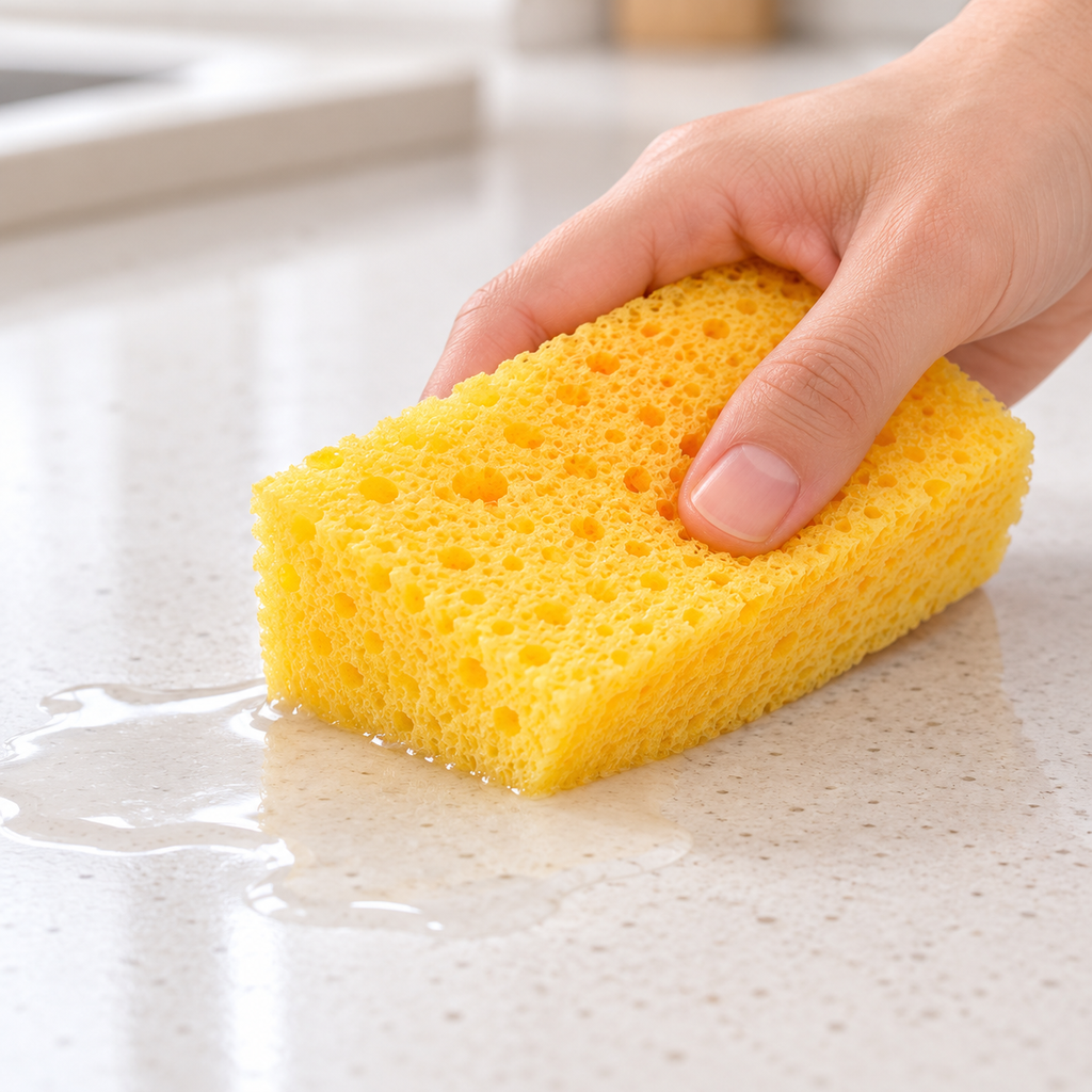 Esponja amarilla absorbiendo agua sobre una encimera