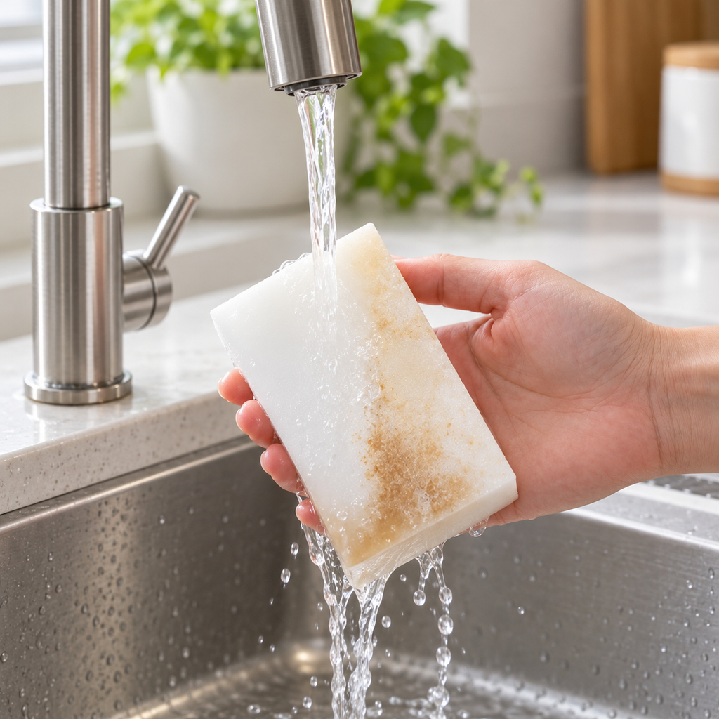 Esponja de melamina enjuagándose con agua
