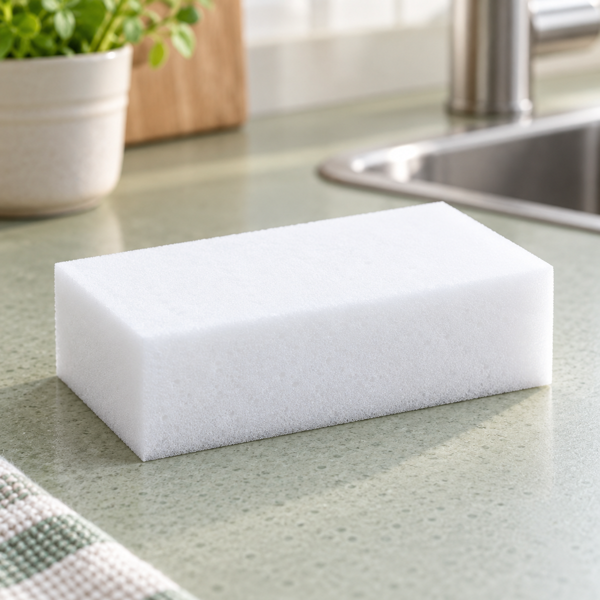 Esponja mágica de melamina para limpieza multiusos en ambiente de hogar — Vendalia