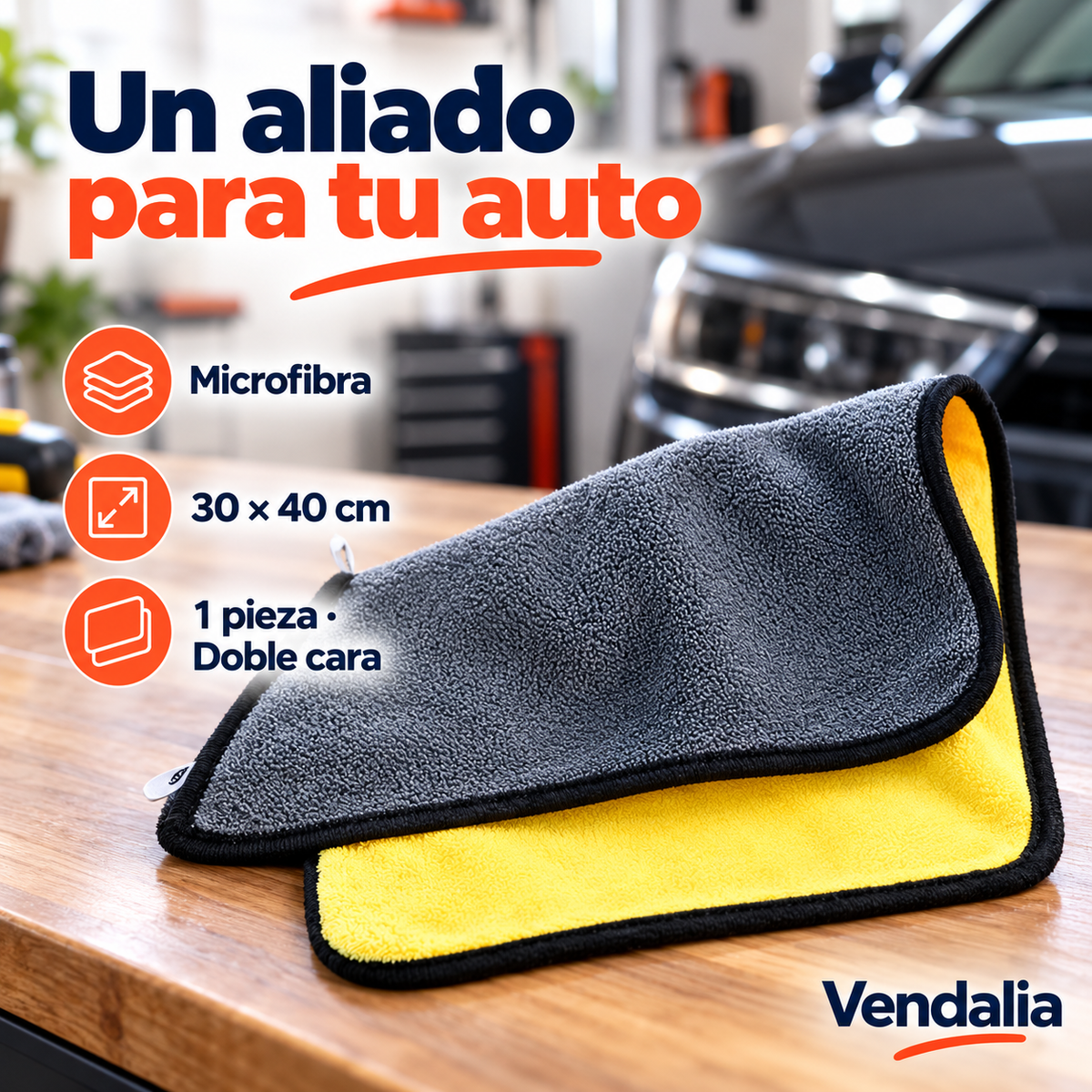 Paño de microfibra gris y amarillo de 30 × 40 cm — portada Vendalia