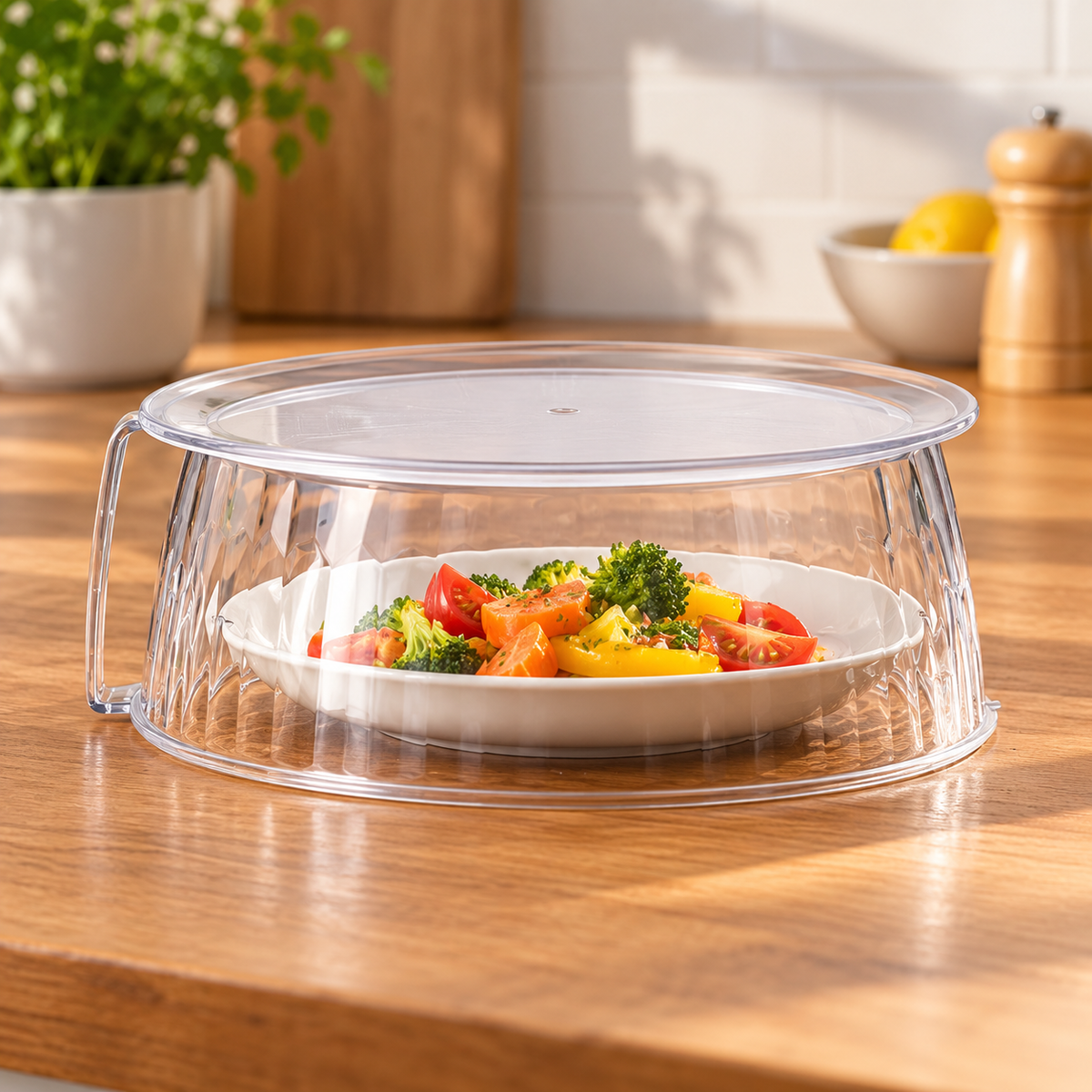 Cubierta transparente sobre un plato; plato y alimentos no incluidos — Vendalia