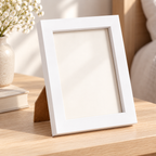 Marco Portarretrato Blanco (Chico) en ambiente de hogar — Vendalia. Fotografía ambientada con inserto neutro para mostrar el marco; los elementos decorativos del entorno no están incluidos.