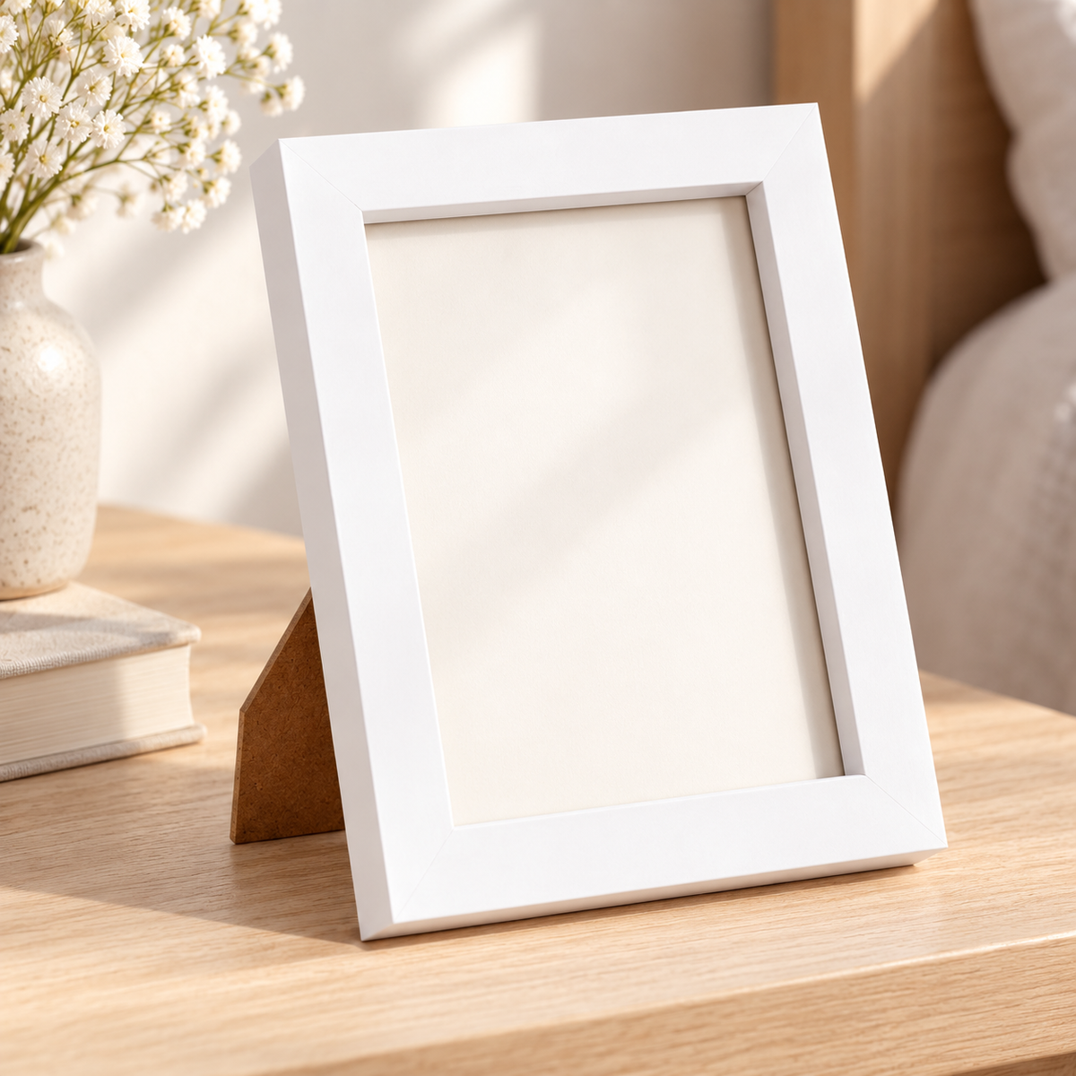Marco Portarretrato Blanco (Chico) en ambiente de hogar — Vendalia. Fotografía ambientada con inserto neutro para mostrar el marco; los elementos decorativos del entorno no están incluidos.