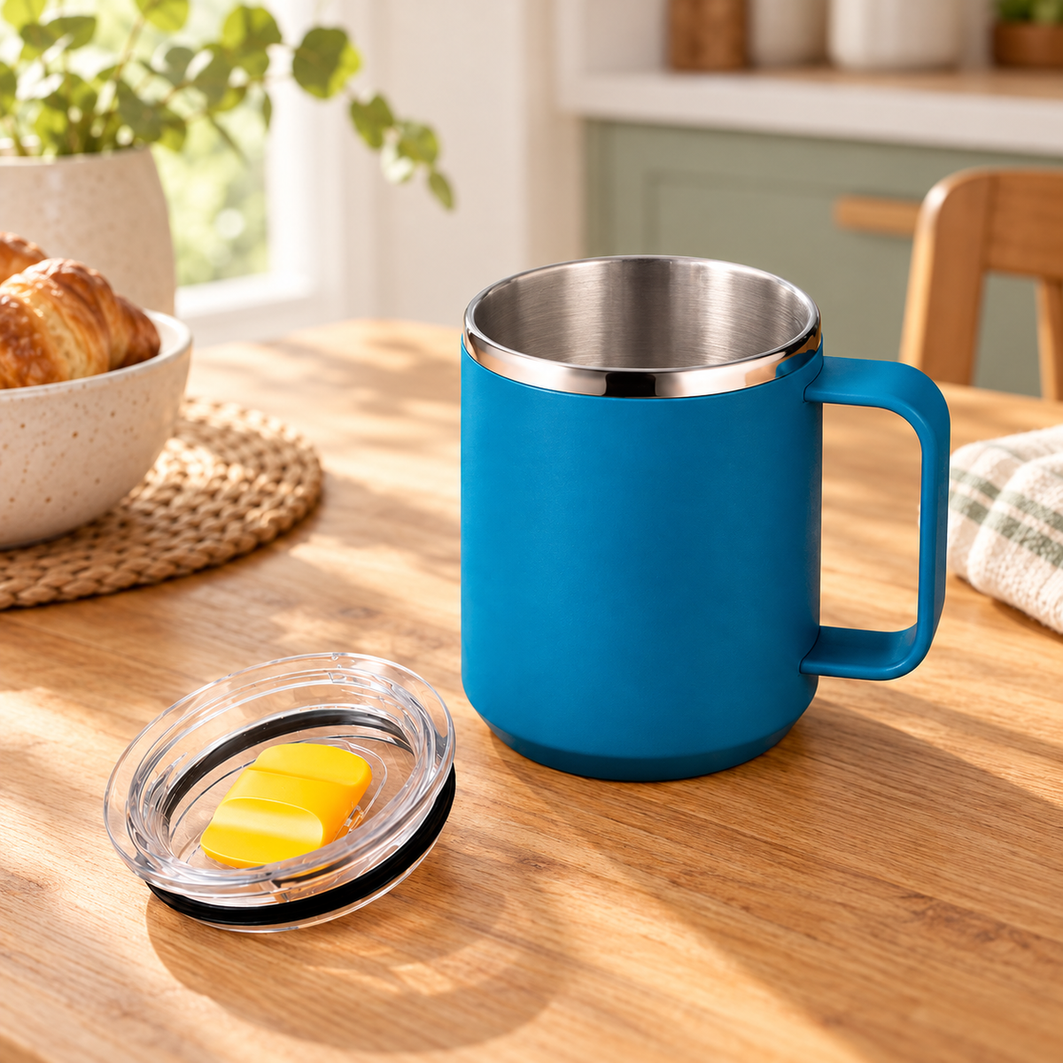 Taza Térmica con Tapa y Asa (Azul) 450 ml · fotografía ambientada de Vendalia · SKU 53372