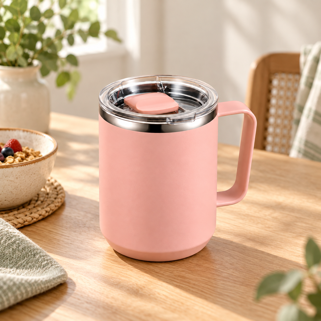 Taza térmica con tapa y asa de 450 ml — Rosa coral — SKU 53373