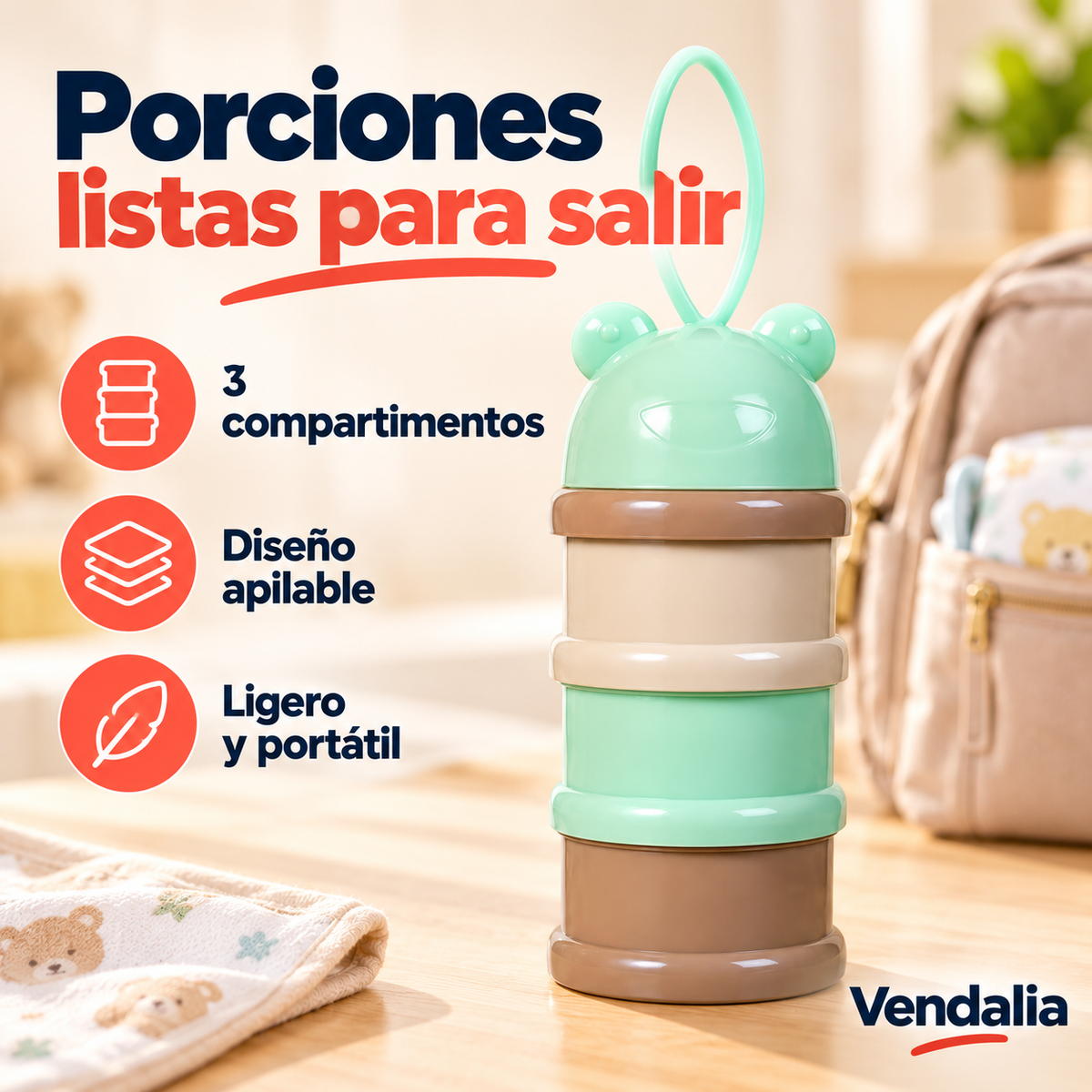 Contenedor apilable verde, café y beige — portada Vendalia
