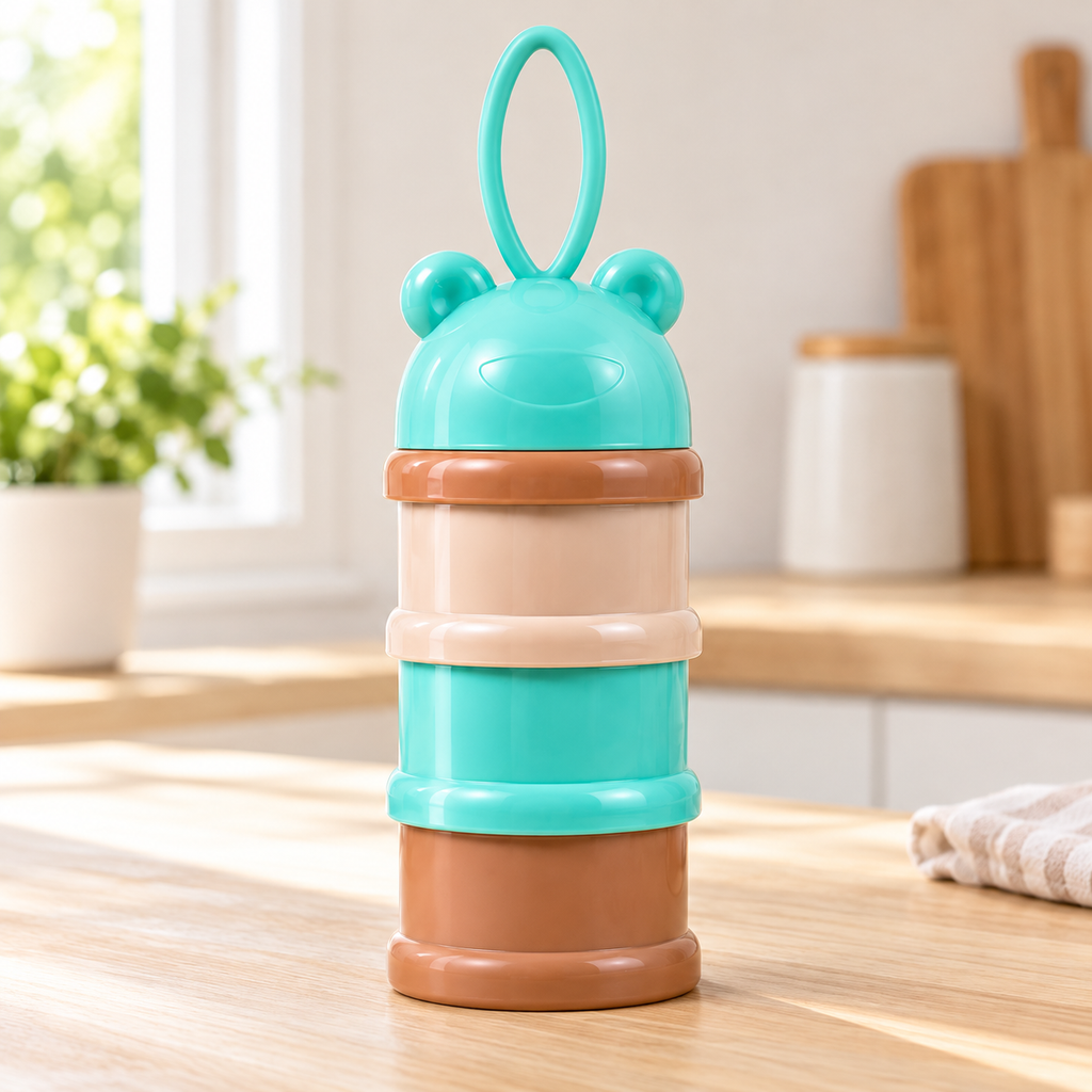 Contenedor apilable para snacks de bebé — Verde, café y beige — SKU 53377