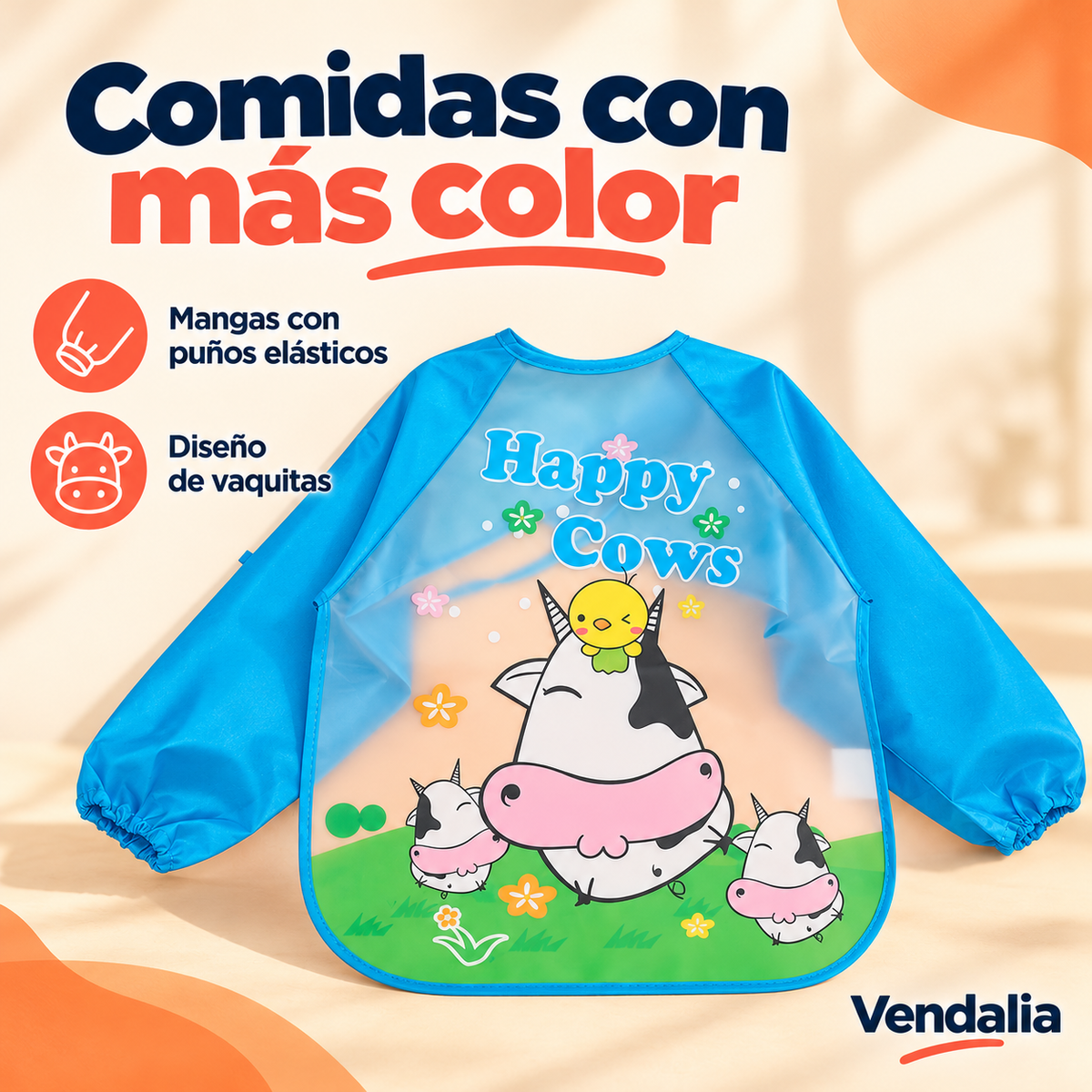 Babero de mangas azules con estampado Happy Cows · Vendalia