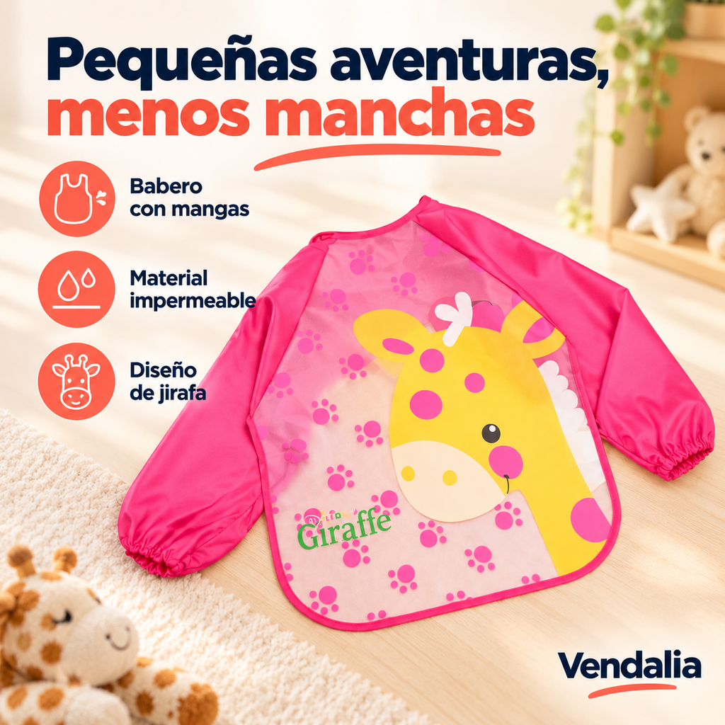 Babero rosa con jirafa y mangas — portada Vendalia