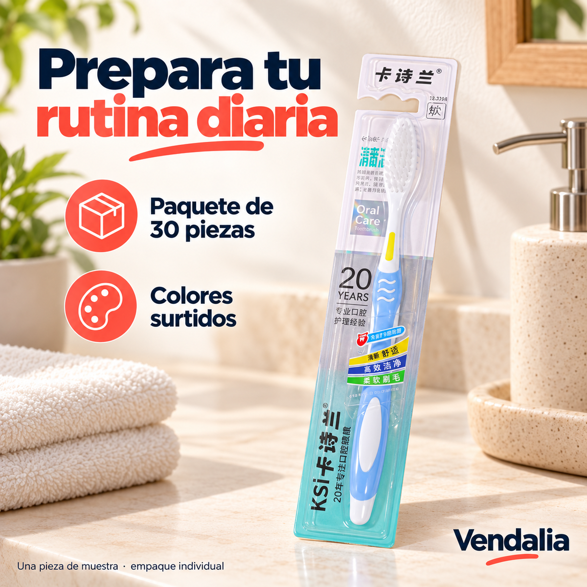 Cepillo dental: ejemplo de una pieza del paquete de 30 en colores surtidos — portada — Vendalia — SKU 53386