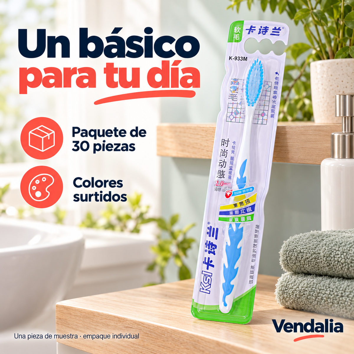 Cepillo dental: ejemplo de una pieza del paquete de 30 en colores surtidos — portada — Vendalia — SKU 53388