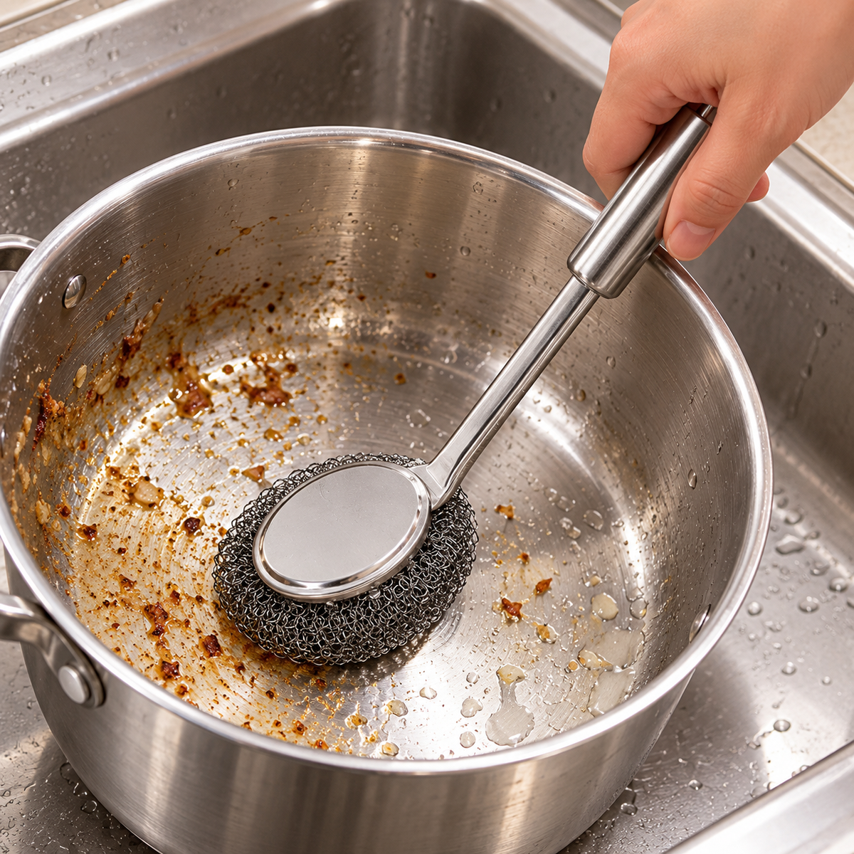Cepillo metálico de cocina con mango plateado — Ejemplo de uso; accesorios no incluidos