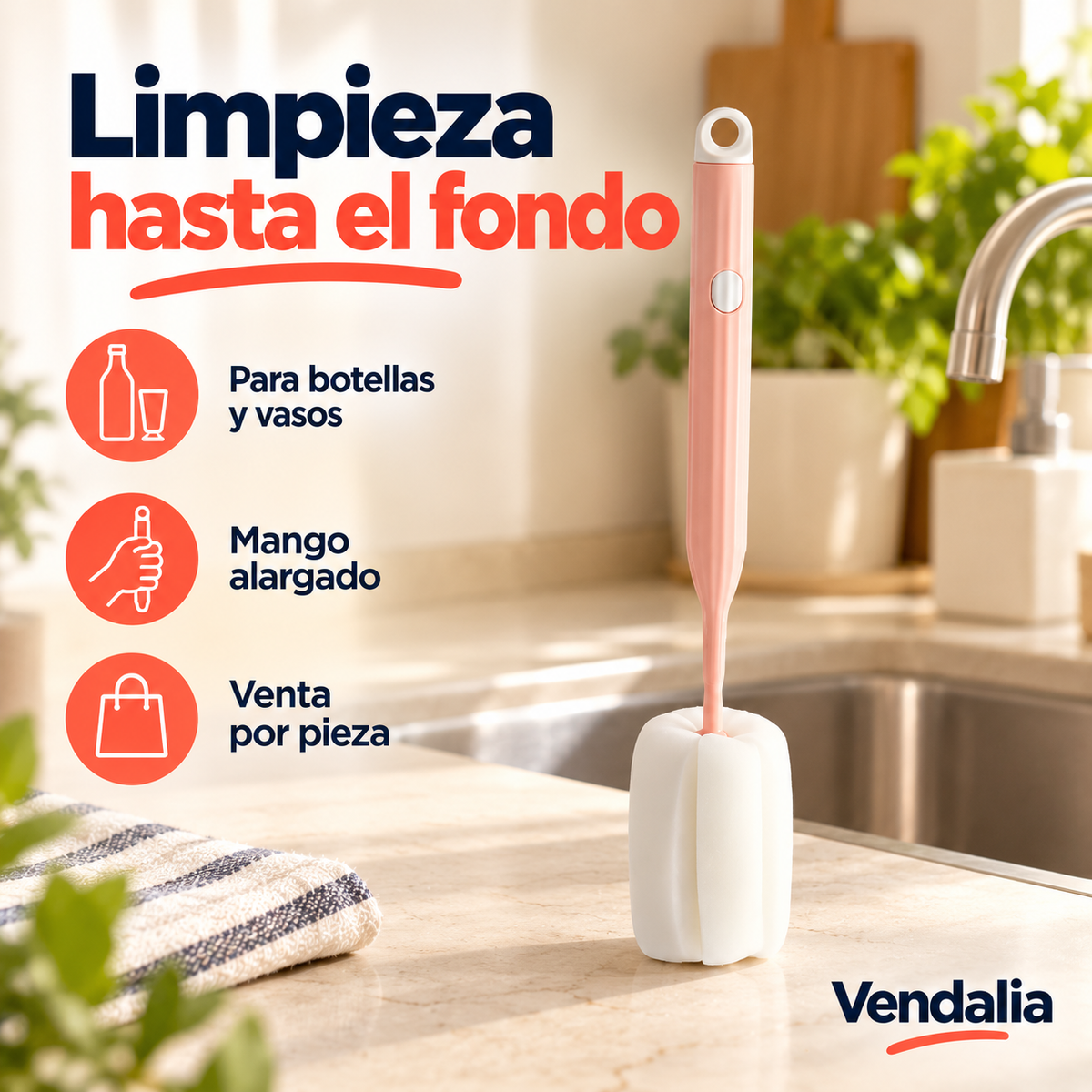 Cepillo rosa y blanco para botellas y vasos — Vendalia