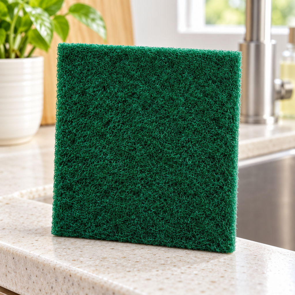 Fibra abrasiva Verde Multiusos para Cocina · Paquete de 10 piezas en ambiente de hogar — Vendalia. La fotografía muestra una pieza de ejemplo del paquete de 10.