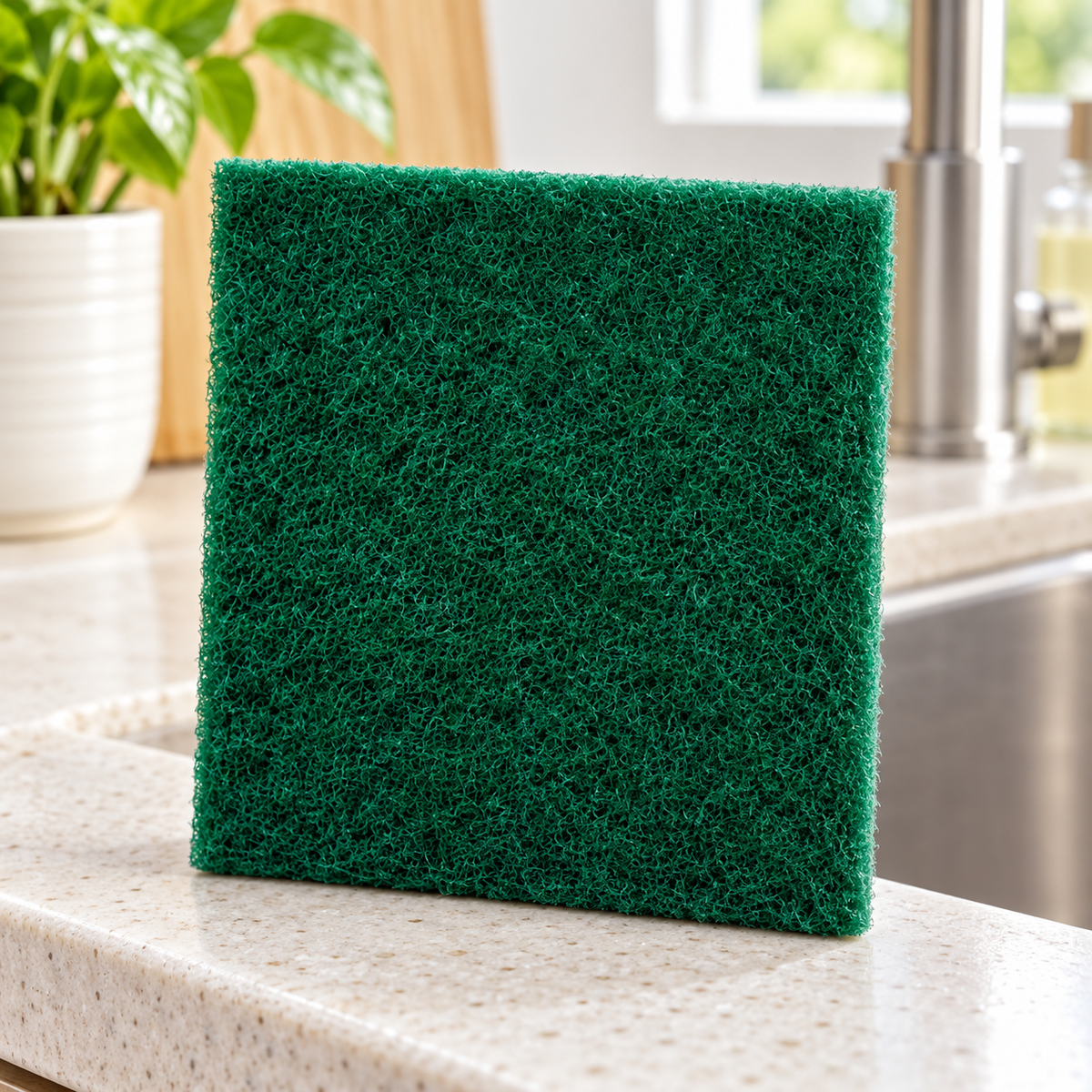 Fibra abrasiva Verde Multiusos para Cocina · Paquete de 10 piezas en ambiente de hogar — Vendalia. La fotografía muestra una pieza de ejemplo del paquete de 10.