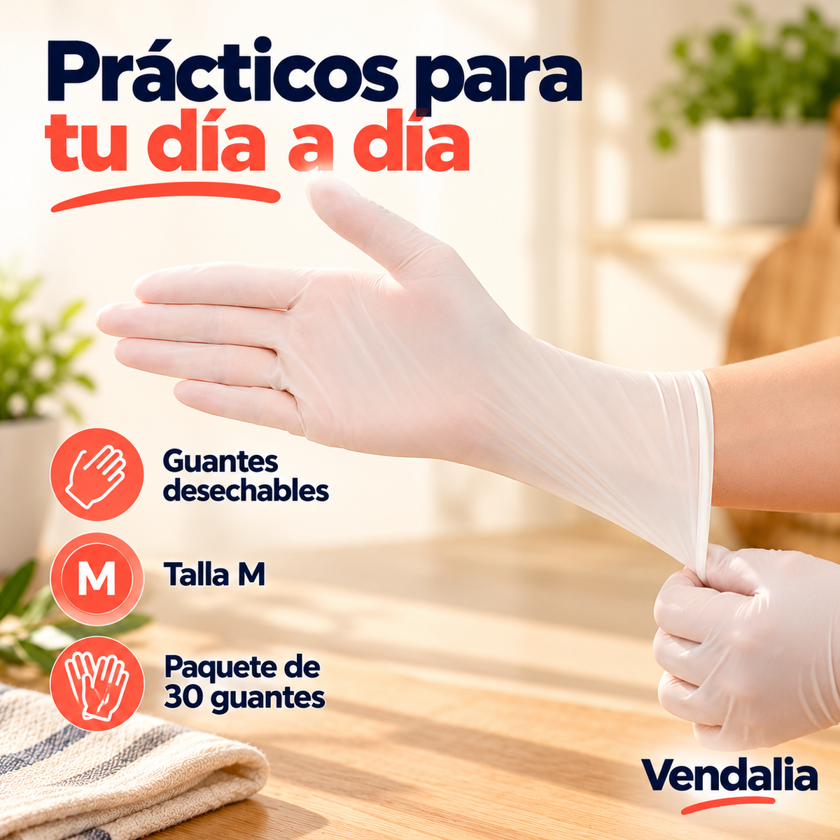 Guantes desechables blancos, talla M, paquete de 30 — portada Vendalia