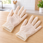 Guantes desechables de látex Paq 30 Guantes Talla M en ambiente de hogar — Vendalia. La fotografía muestra dos guantes como ejemplo. La presentación contiene 30 piezas.