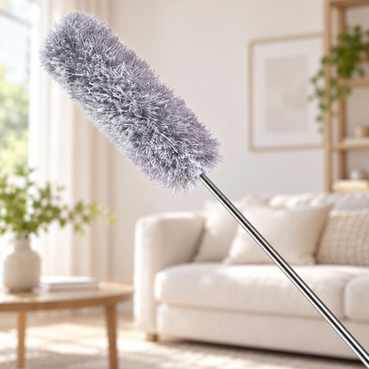 Plumero Extensible para Limpieza en Altura en ambiente de hogar — Vendalia. La fotografía muestra un acercamiento al cabezal de microfibra y a la parte superior del mango extensible.