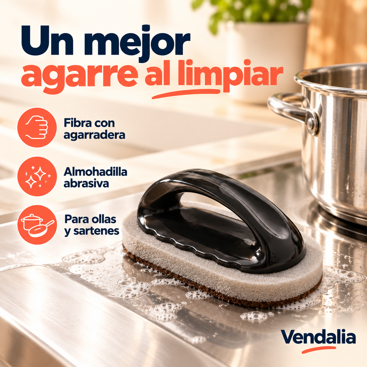 Fibra abrasiva oval con agarradera negra — portada Vendalia