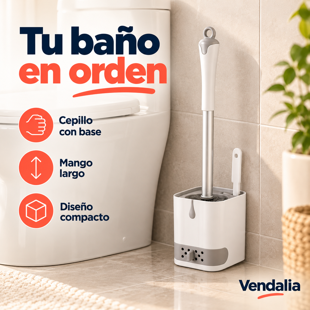 Cepillo de inodoro con base blanca y gris — portada Vendalia