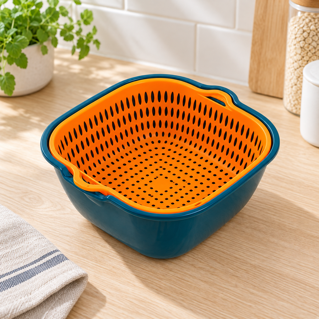 Set de Canasta Escurridora con Asa Azul y Naranja en ambiente de hogar — Vendalia