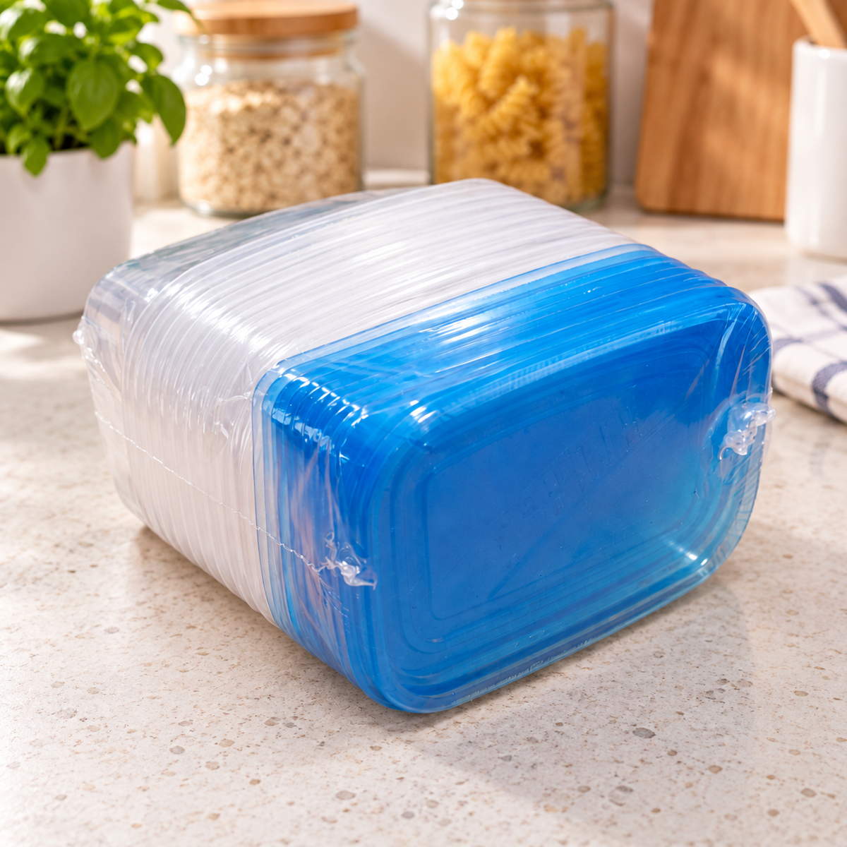 Paquete de 10 piezas de recipientes transparentes con tapas azules, en ambiente de hogar Vendalia.