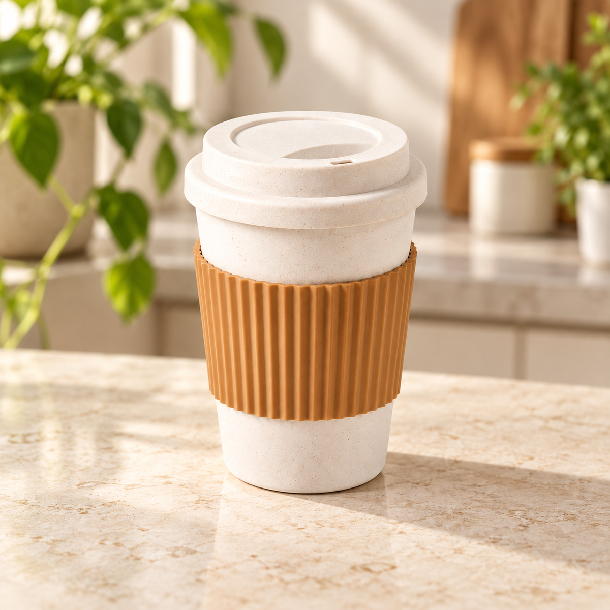 Vaso Reutilizable con Tapa y Funda 450 ml · fotografía ambientada de Vendalia · SKU 53455