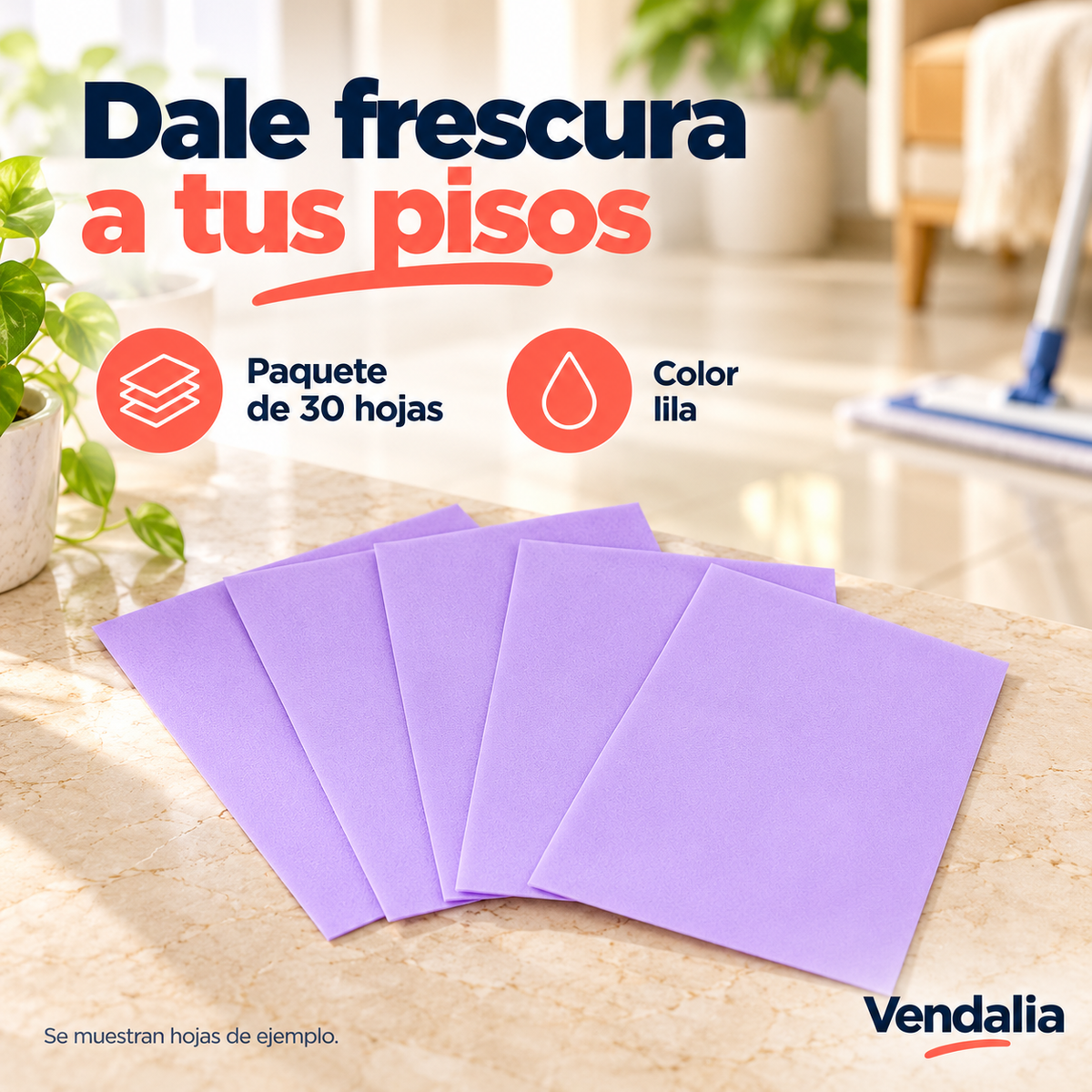 Hojas limpiadoras para piso lila · paquete de 30 hojas · Vendalia
