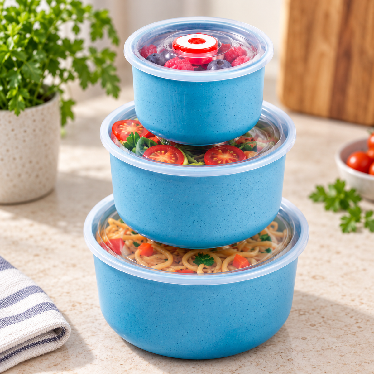 Set de Recipientes Herméticos Redondos (3 Piezas, Azul) en ambiente de hogar — Vendalia