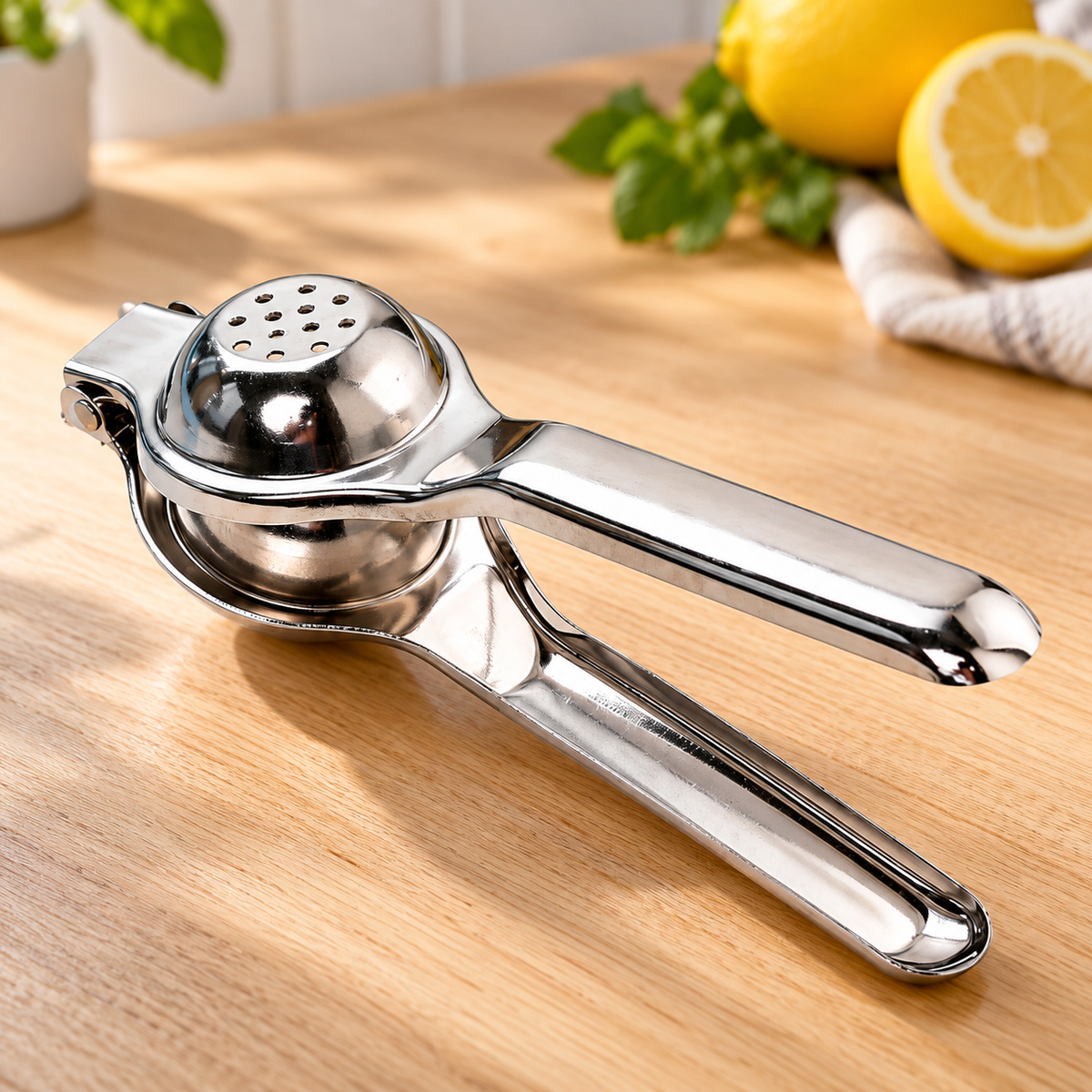 Exprimidor manual de acero inoxidable en ambiente de hogar — Vendalia