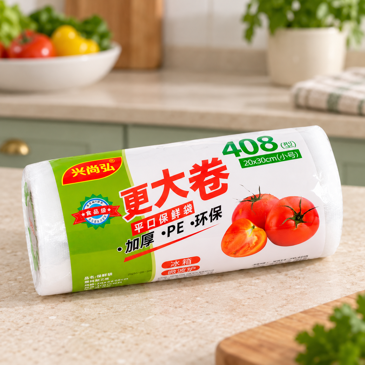 Rollo de bolsas plásticas para alimentos 20x30 cm en ambiente de hogar — Vendalia