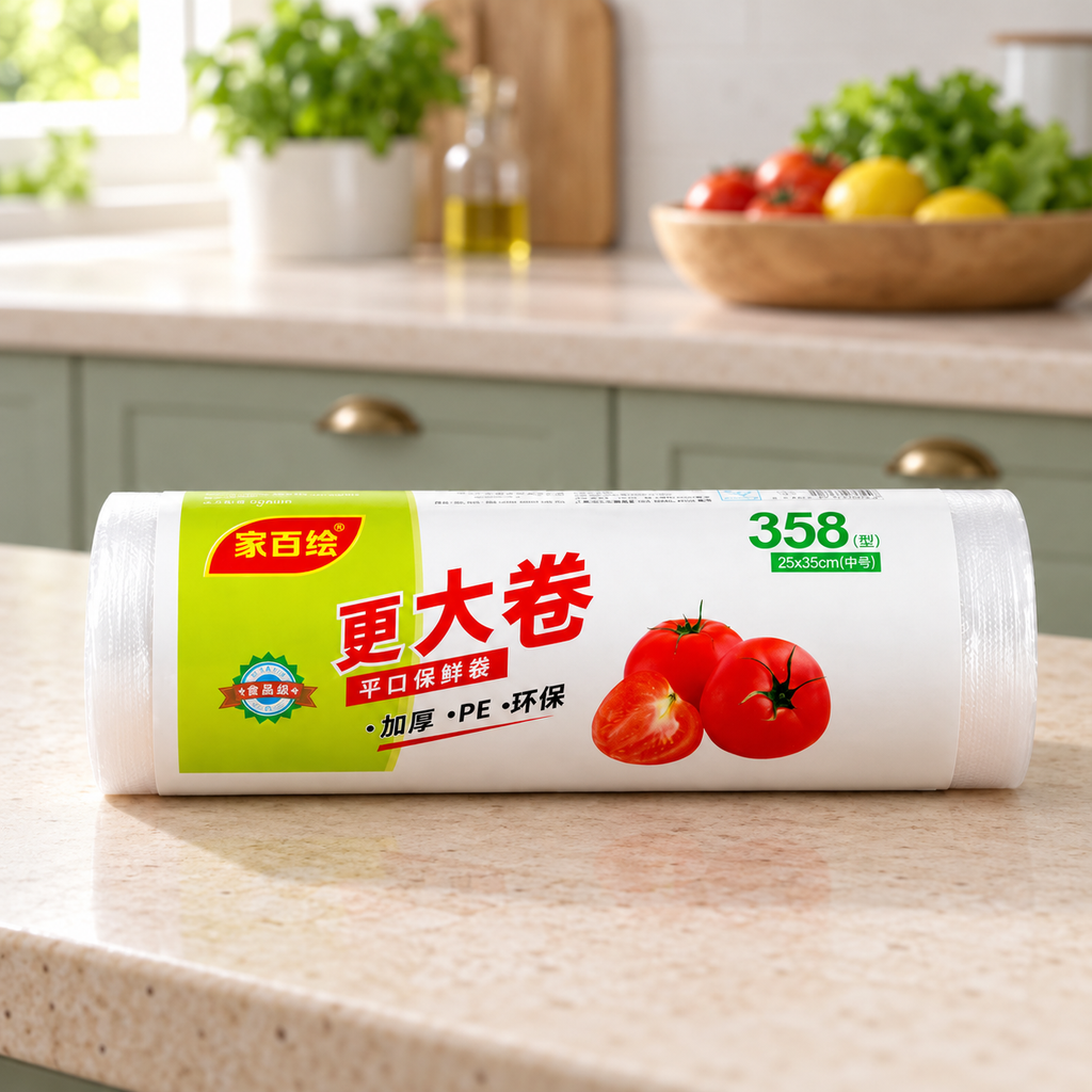 Rollo de bolsas plásticas para alimentos 25x35 cm en ambiente de hogar — Vendalia