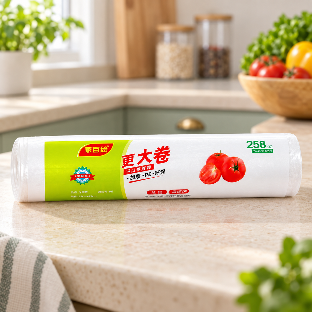 Rollo de bolsas plásticas para alimentos 35x45cm en ambiente de hogar — Vendalia