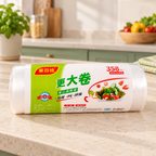 Rollo de bolsas plásticas con asas para alimentos 35x42 cm en ambiente de hogar — Vendalia