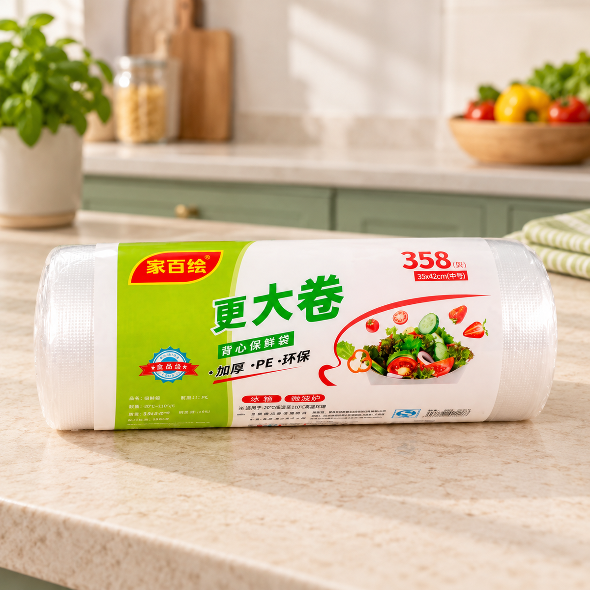 Rollo de bolsas plásticas con asas para alimentos 35x42 cm en ambiente de hogar — Vendalia
