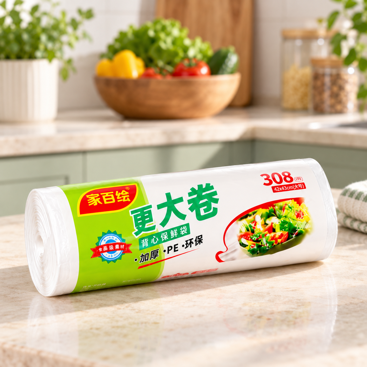 Rollo de bolsas plásticas con asas para alimentos 42 x 43 cm en ambiente de hogar — Vendalia