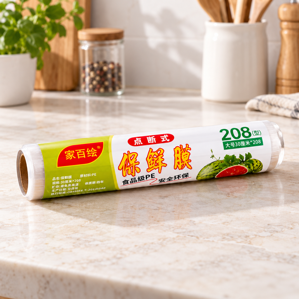 Rollo de plástico para alimentos en ambiente de hogar — Vendalia