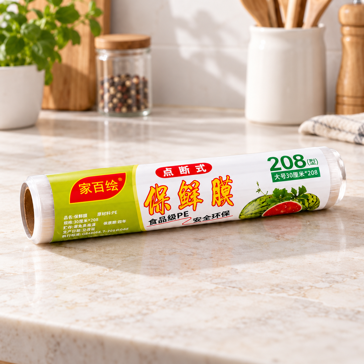 Rollo de plástico para alimentos en ambiente de hogar — Vendalia