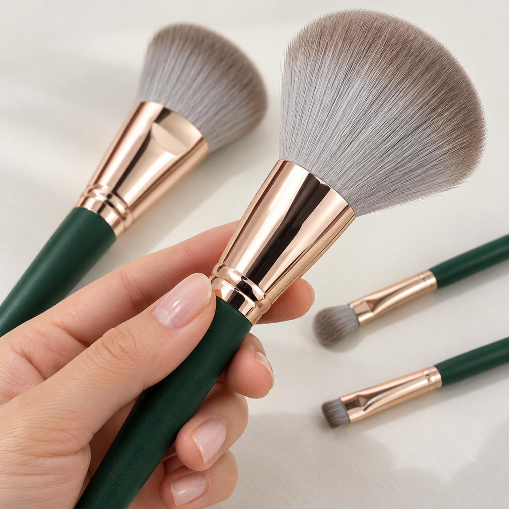Set de brochas de maquillaje — vista de detalle. Selección de brochas del set; sin estuche.